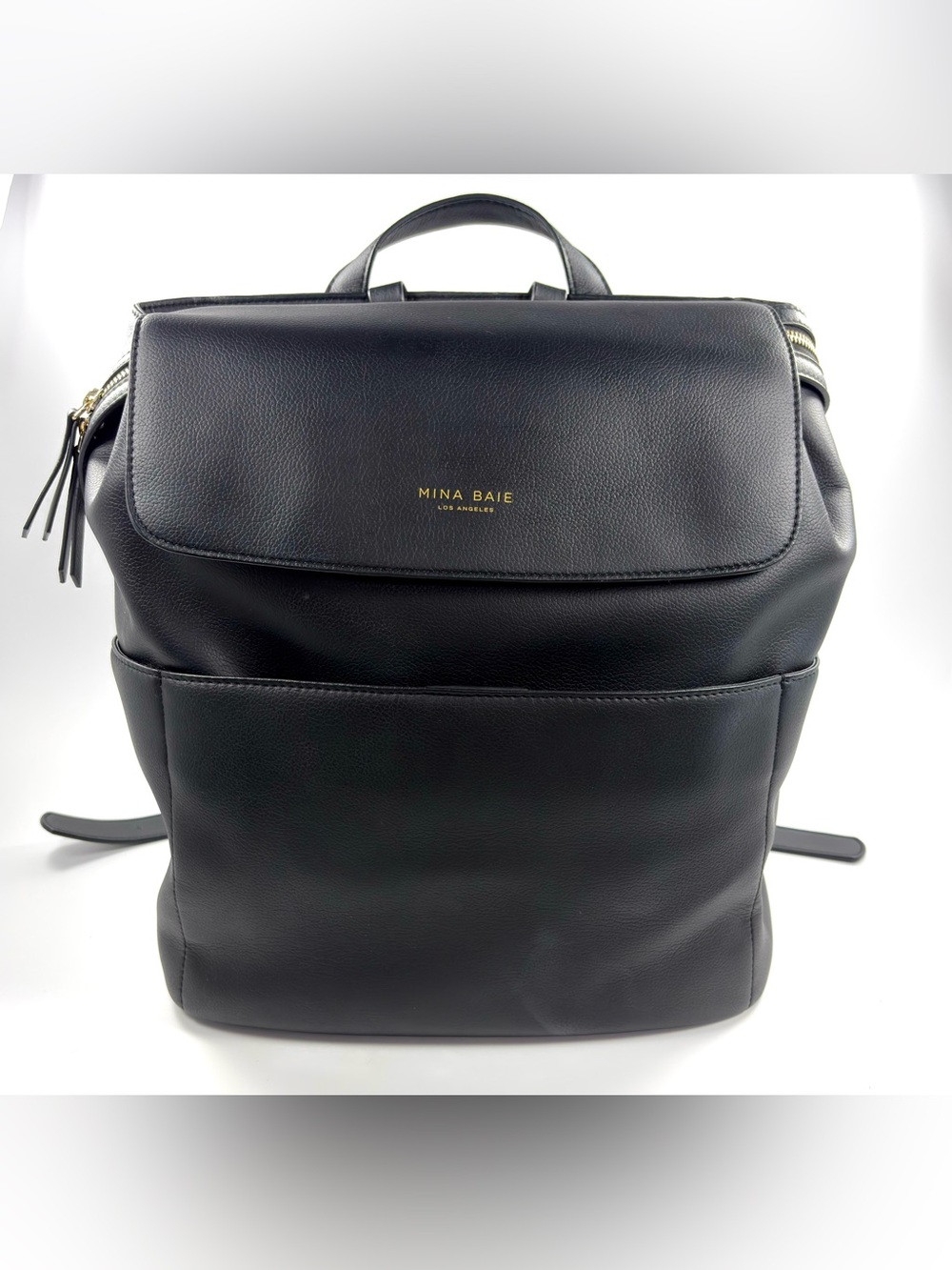Mina Baie Kinney Full Vegan Leather Backpack Black Gold EUC